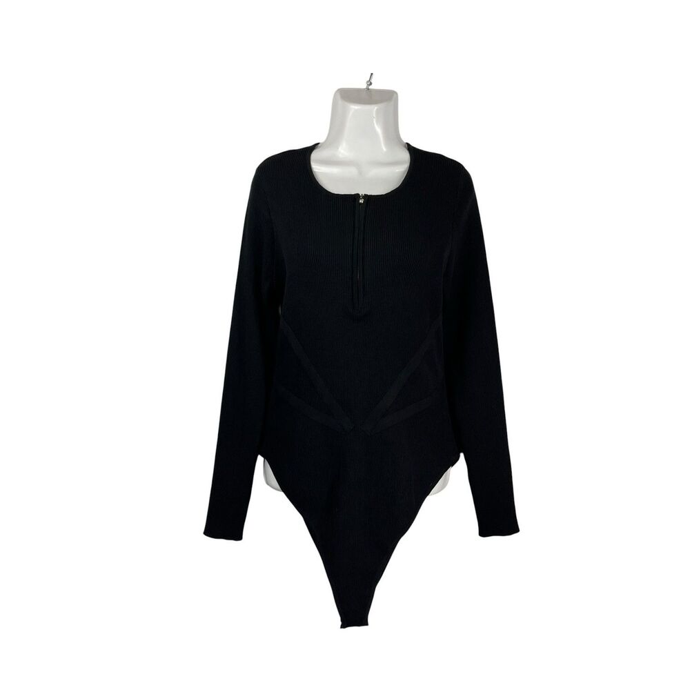Fashion Nova Tory Sweater Bodysuit Black 2X Plus Ribbed Long Sleeve Minimalist